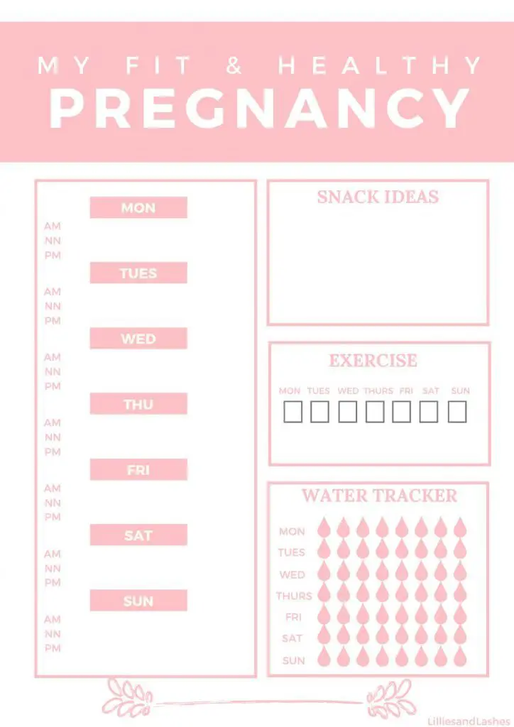 Free pregnancy printable for tracking your meals, exercise, snacks and water intake!