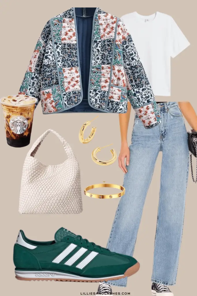short-floral-jacket-fee-people-dupe-striaght-jeans-adidas-sneaker-green