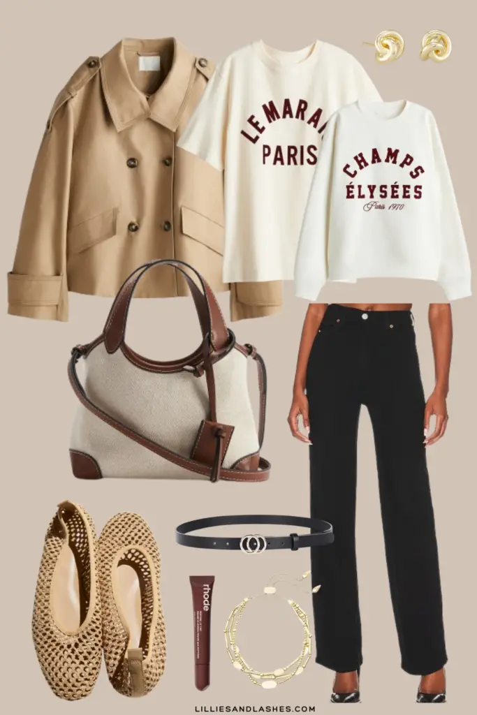 SHORT-TRENCHCOAT- PARIS GRPAHICE TEES- BLACK -STRAIGHT-JEANS