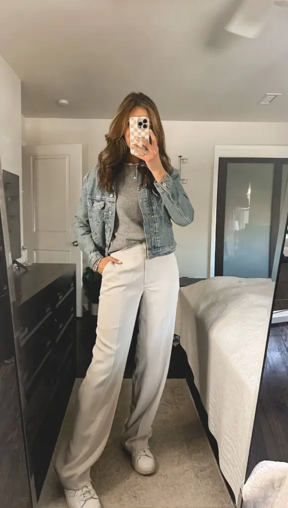 beige-trousers-denim-jacket-gray-sweater