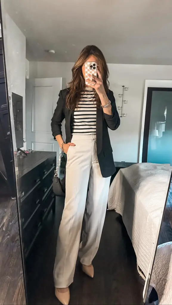 cream trousers with blazer