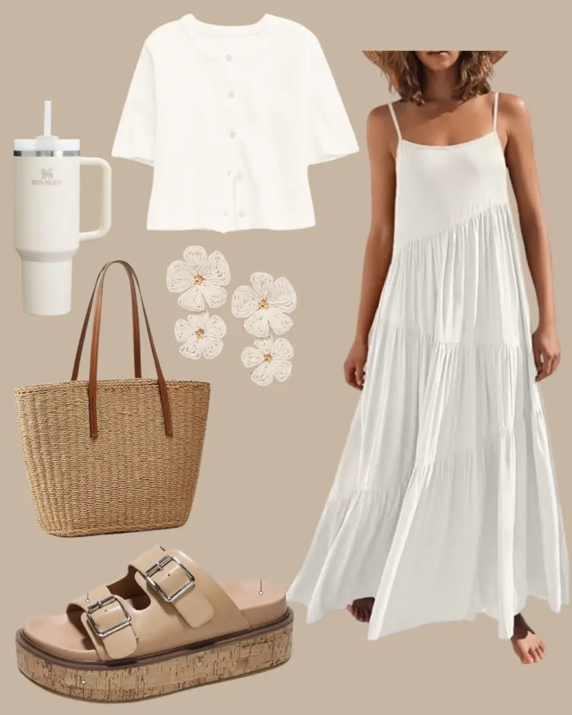 white boho dress and cardigan