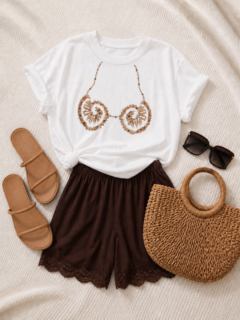 aerie brown lace shorts, with shell graphic tee and croc sandals